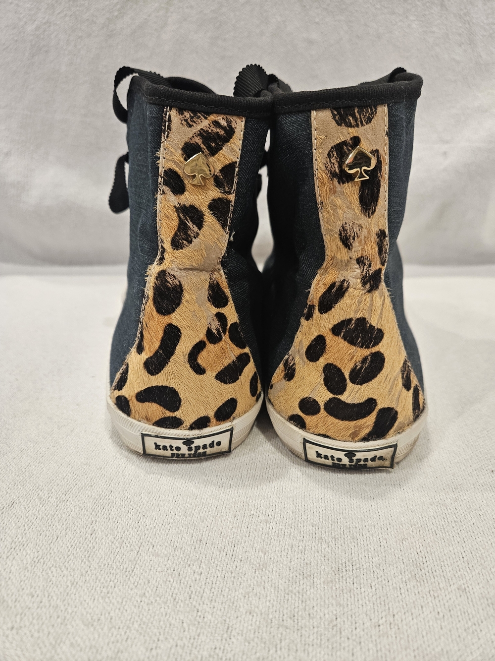 Kate Spade Linus Denim & Animal Print Calf Hair High Top Sneakers womens size 9 - Picture 2 of 11